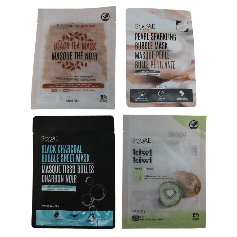 Lot of 4 - SooAE New York Facial Masks Tea Charcoal Kiwi Pearl Sparkling Bubble